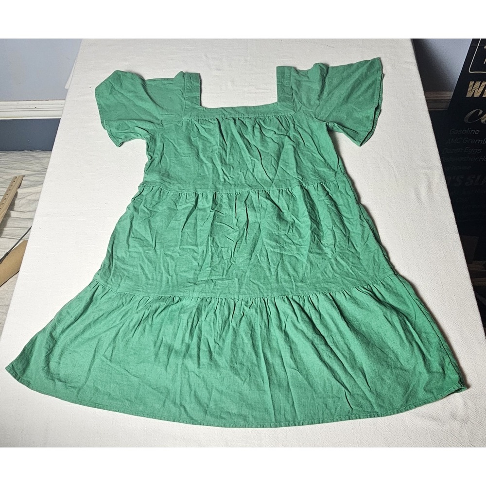 LOFT Green Linen Blend Tiered Flutter Sleeve Square Neck Dress Size MP
